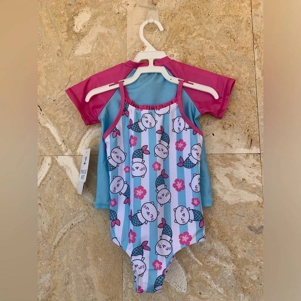 Caribbean Joe Girl’s Swimsuit With Short Sleeve Rash Guard Set 2-T